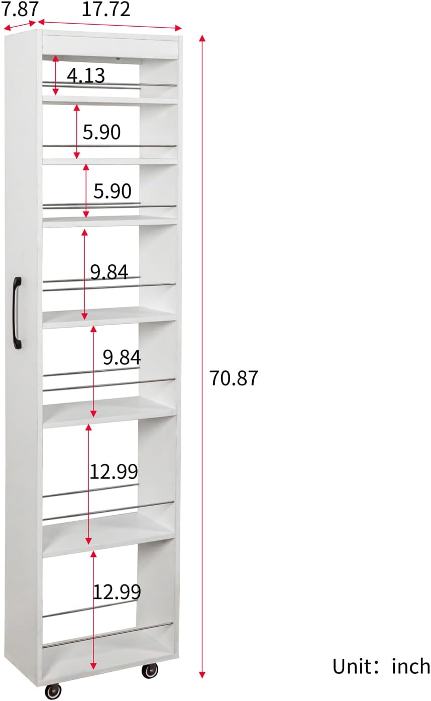 7 Tier Slim Rolling Storage Cart - Kitchen & Pantry Organizer, Narrow Storage Cabinet with Handle & Wheels, Spice Pull-Out Rack Next to Fridge Storage Shelf (White A-7 Tier Shelf Unit)