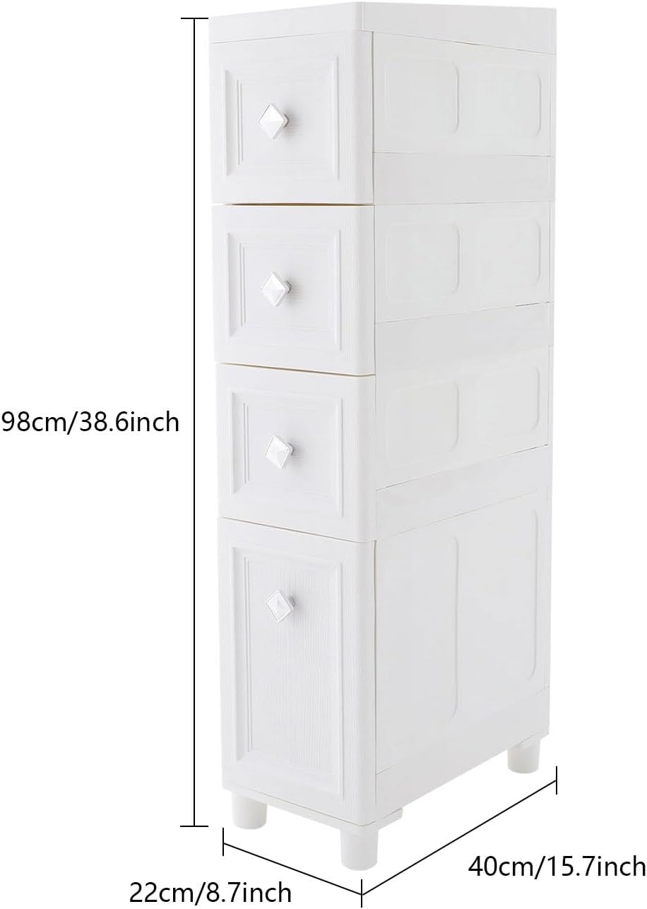 Slim Bathroom Storage Cabinet Freestanding Narrow Plastic Rolling Cart Bathroom Organizer with Drawers for Small Space Office, White (4-Tier)