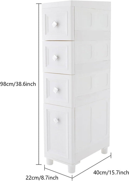 Slim Bathroom Storage Cabinet Freestanding Narrow Plastic Rolling Cart Bathroom Organizer with Drawers for Small Space Office, White (4-Tier)