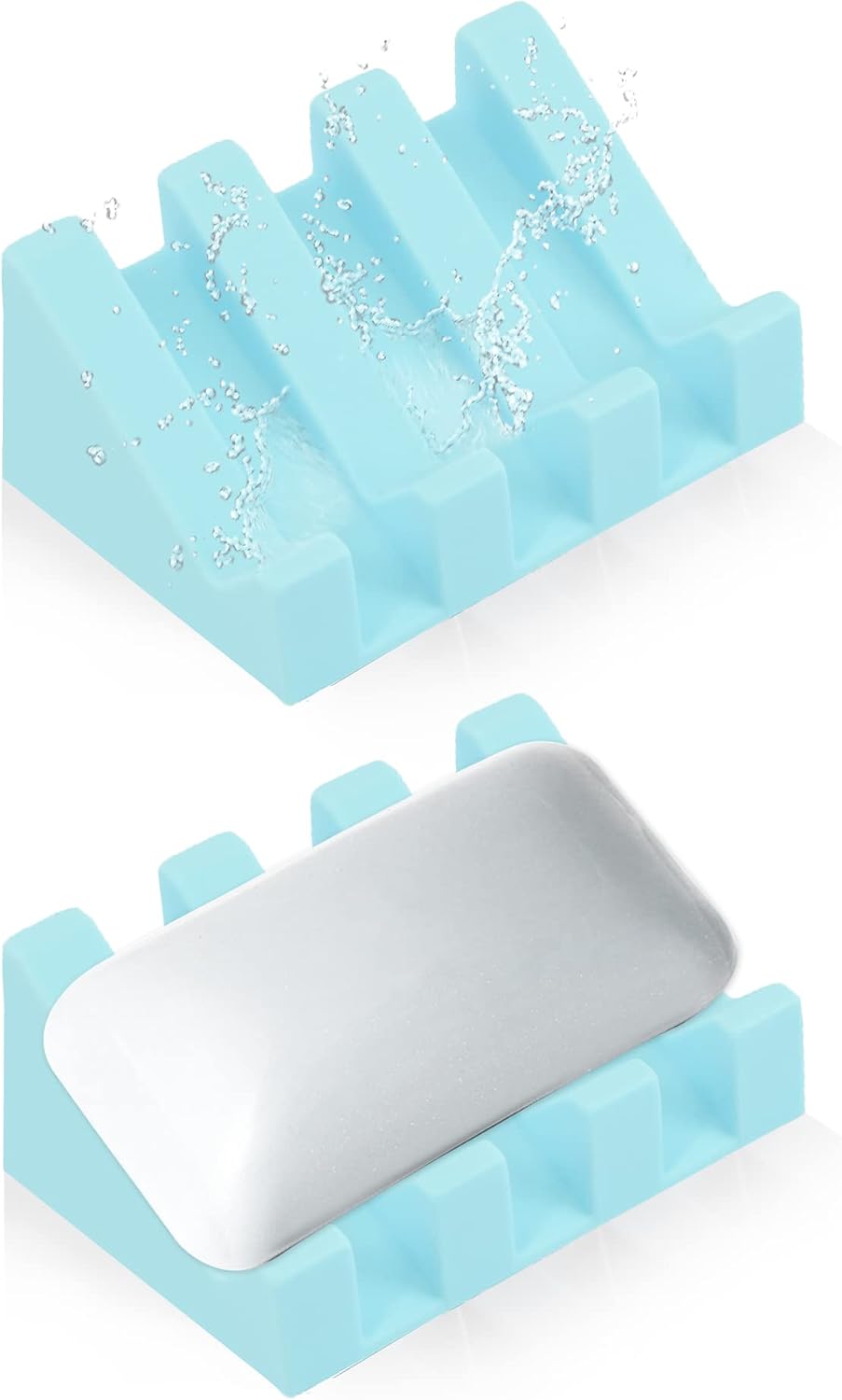 Self Draining Silicone Soap Dish with Suction Cups - Non-Slip Bar Soap Holder for Shower & Kitchen, Waterfall Tray Keeps Soap Dry, Easy Clean, Extends Soap Life (White, 1)