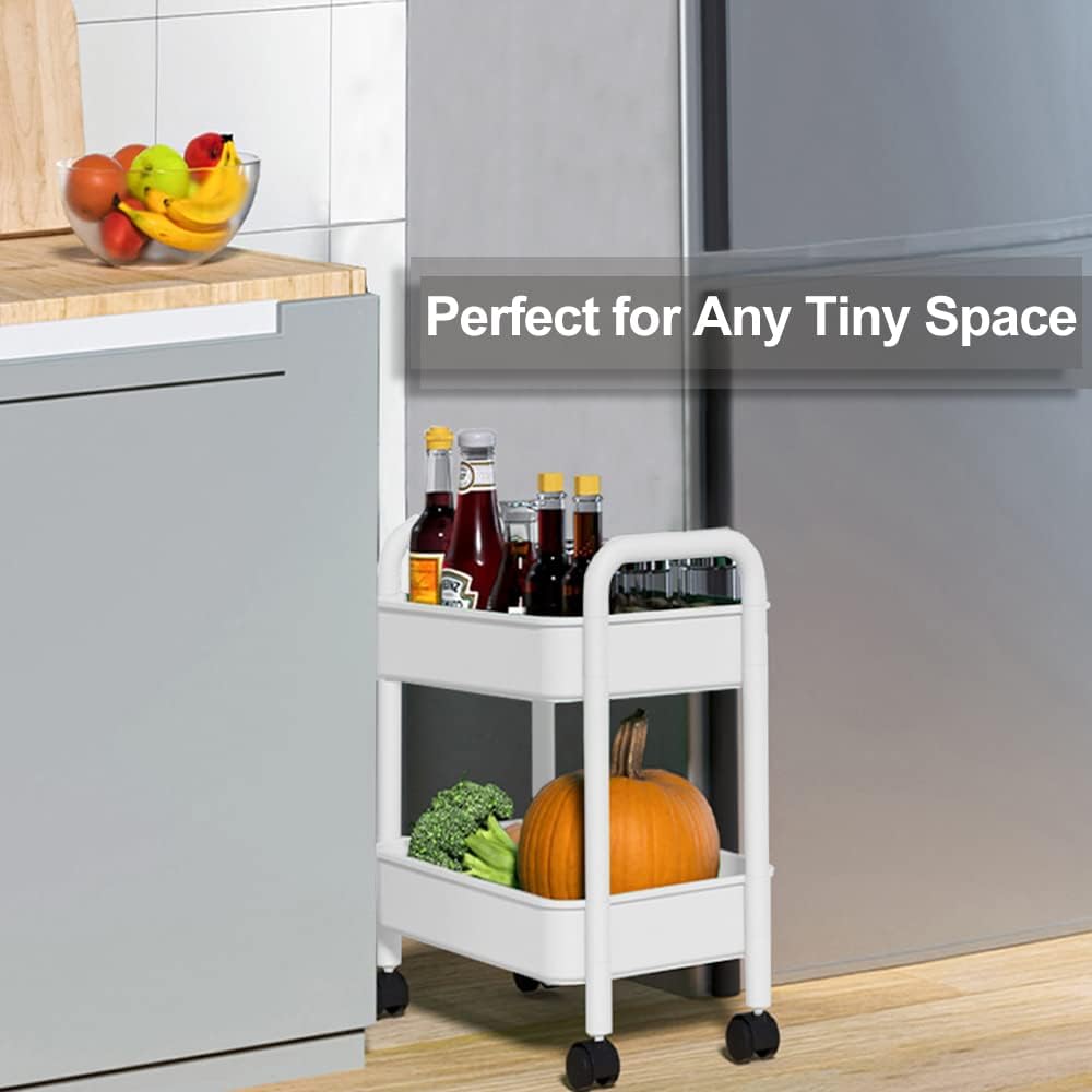 2-Tier Utility Rolling Cart Storage Sofa Side Table with Wheels, Mobile Trolley Organizer with for Office Home Kitchen Organization, Cream White