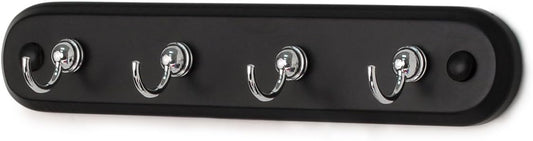 Spectrum Modern Key Holder Wall Mount Rack for Entryway Garage Mudroom Hanging Organization, Easy Install Contemporary Key Ring Holder Rack for Keychains Rings and Fobs, Black Wood with Chrome Hooks
