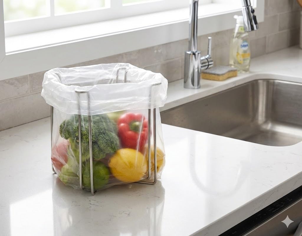 Stainless Steel Countertop Trash Bag Holder & Cup Drying Stand - Foldable Kitchen Garbage Rack for Food Prep & Waste Disposal (Non-Slip, Rust-Proof)