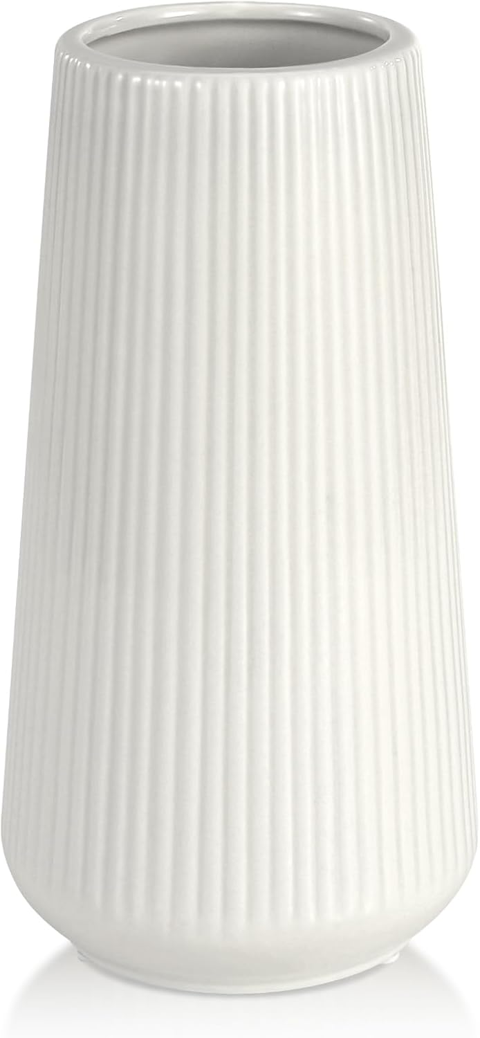 White Ceramic Vase, GUKJOB Small Cute Flower Vase for Pampas Grass, Home, Living Room, Dining Table, Farmhouse, Office Decor, Bedroom, Table, and Kitchen Shelf (White- 2PCS)