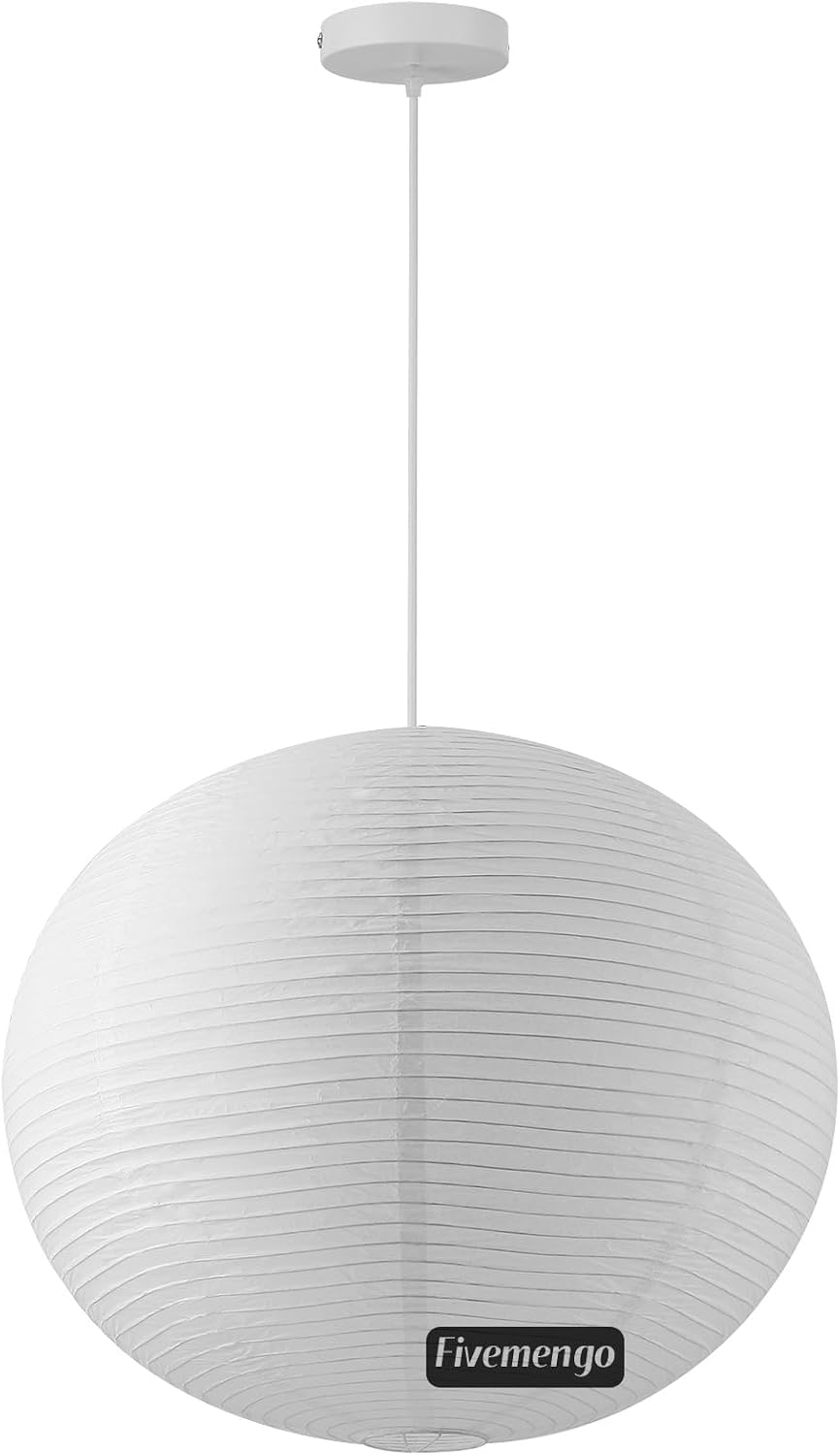Large Rice Paper Pendant Light Kit, 20in White Globe Paper Lantern Lights, E26 Base, Japanese Hanging Lantern Lamp Japandi Chandelier for Dining Room Bedroom Office Living Room