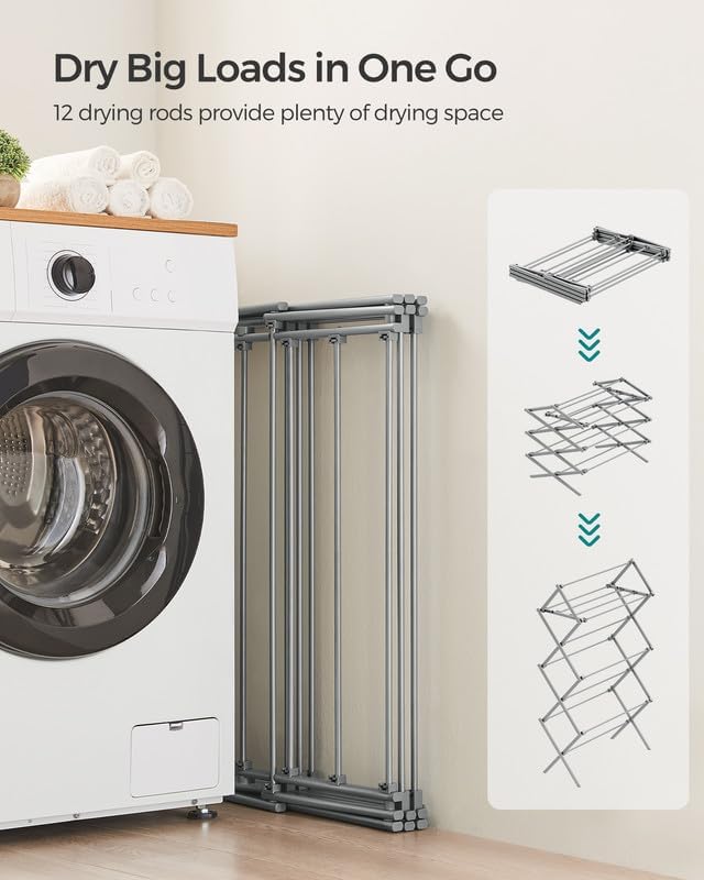 SONGMICS Foldable Clothes Drying Rack, Laundry Drying Rack, Clothes Airer, Steel Frame, 14.6 x 29.5 x 53.2 Inches, Easy Assembly, Indoor Outdoor Use, White ULLR770W01