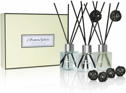 Reed Diffuser Set of 3 | Aromatherapy Fragrance Oil | 12 Sticks and 6 Rattan Balls, 3 x 50ML | Home, Office, Bathroom, Bedroom Essentials (Eucalyptus, Jasmine, Lemongrass, Sky Blue)