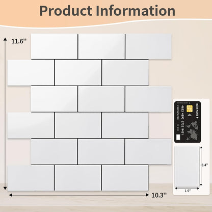 DICOFUN 10-Sheet Polished White Thick PVC Peel and Stick Backsplash, Ceramic Look Subway Tile White Kitchen Backsplash Peel and Stick Wall Tiles