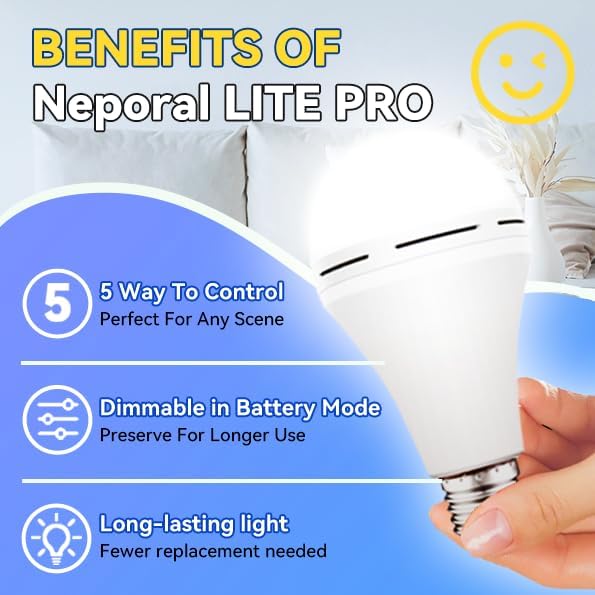 Neporal 4 Pack Emergency-Rechargeable-Light-Bulb, Stay Lights Up When Power Failure, 1500mAh 15W 80W Equivalent LED Light Bulbs for Home, Camping, Tent (E27, with Hook) (Daylight)