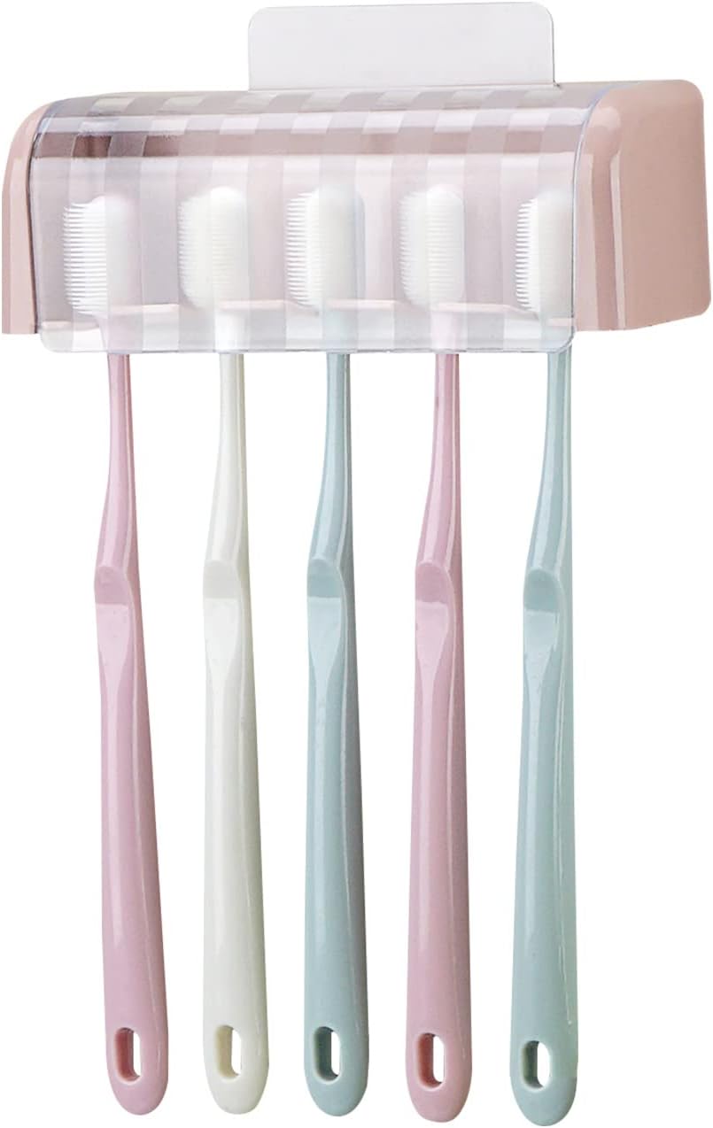 5 Slots Wall Mount Toothbrush Holder with Cover, Self Adhesive Toothbrush Storage Organizer for Shower, Toothbrush Hanger with Automatic Toothpaste Squeezer Dispenser