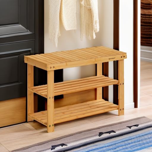 SONGMICS Shoe Rack Bench, 3-Tier Bamboo Shoe Storage Organizer, Entryway Bench, Holds Up to 286 lb, 11.3 x 27.6 x 17.8 Inches, for Entryway Bathroom Bedroom, Ink Black ULBS04H