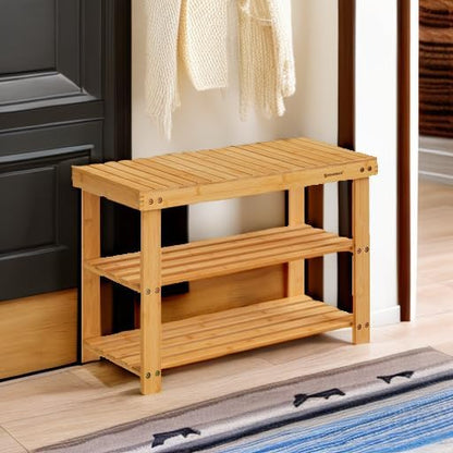SONGMICS Shoe Rack Bench, 3-Tier Bamboo Shoe Storage Organizer, Entryway Bench, Holds Up to 286 lb, 11.3 x 27.6 x 17.8 Inches, for Entryway Bathroom Bedroom, Ink Black ULBS04H