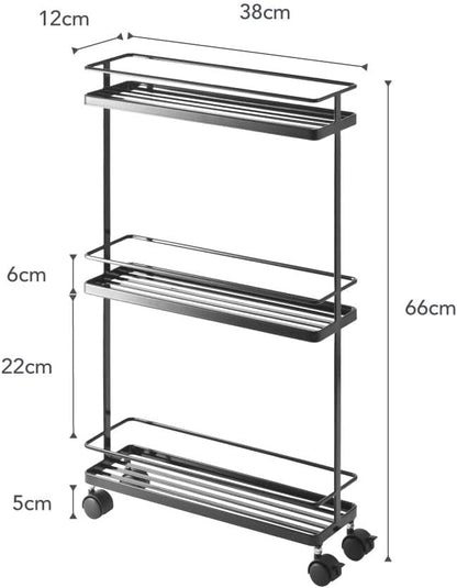 YAMAZAKI Home Tower Rolling Kitchen Island Three Tier Metal Storage Cart - Portable Organizer Shelves Utility Cart, 26" - Steel -