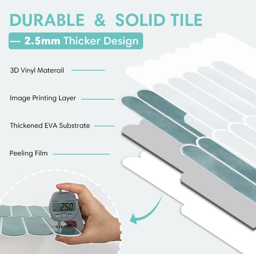 Commomy Thicker Ocean Mist Peel and Stick Backsplash - 10 pcs of 12" x 12" - 3D Adhesive Peel and Stick Tiles Backsplash for Kitchen, Bathroom, Removable, Waterproof, Vinyl Wall Tile