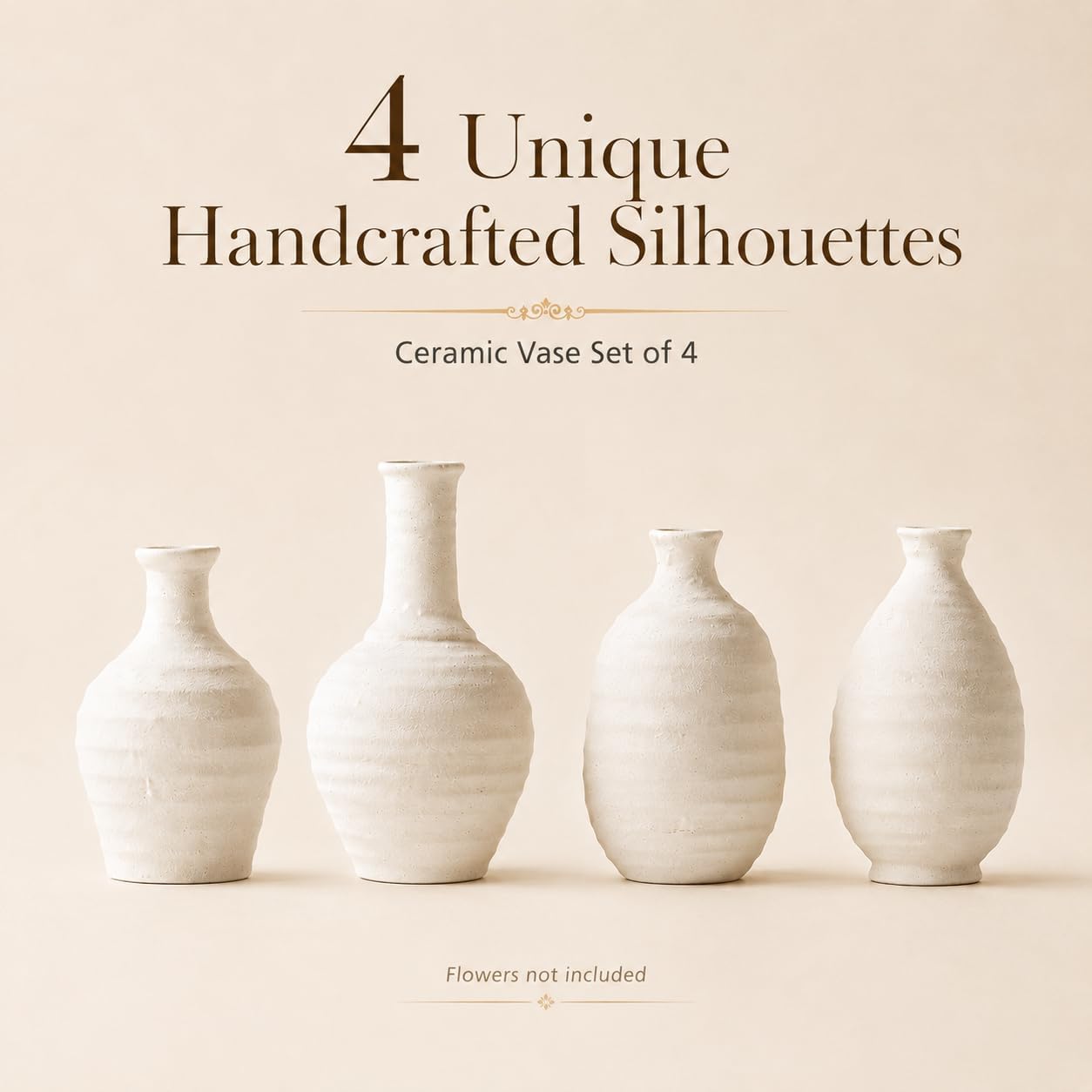 White Textured Ceramic Vases Set of 4, Small Rustic Pottery Vases for Dried Flowers, Minimalist Farmhouse Decorative Bud Vases for Table Shelf Living Room Home Decor