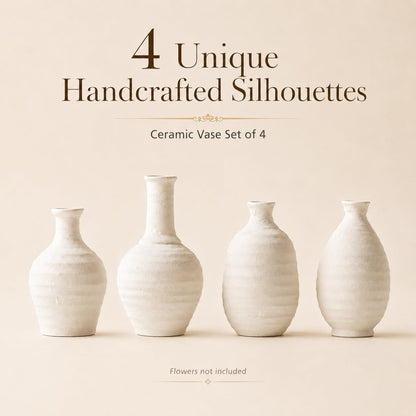 White Textured Ceramic Vases Set of 4, Small Rustic Pottery Vases for Dried Flowers, Minimalist Farmhouse Decorative Bud Vases for Table Shelf Living Room Home Decor