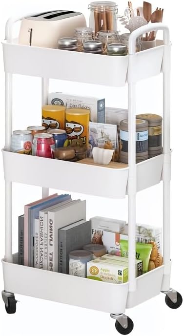3-Tier Rolling Storage Cart with Wheels - Slim Mobile Utility Cart Organizer Rack, Space-Saving Multi-Functional Rolling Shelf for Kitchen, Bathroom, Laundry Room, Office, White