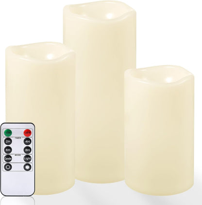 NURADA Large Waterproof Flameless Candles 6" 8" 10" x 4" - Outdoor Indoor LED Pillar Flickering Candle Battery Operated with Timer Remote for Patio Porch Lanterns - Ivory White Set of 3