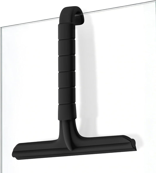 Roylvan Silicone Shower Squeegee, All-in-One Shower Squeegee for Glass Doors with Built-in Hook, Household Window Mirror Cleaner for Bathroom Glass Kitchen Tile Wall Car, Black