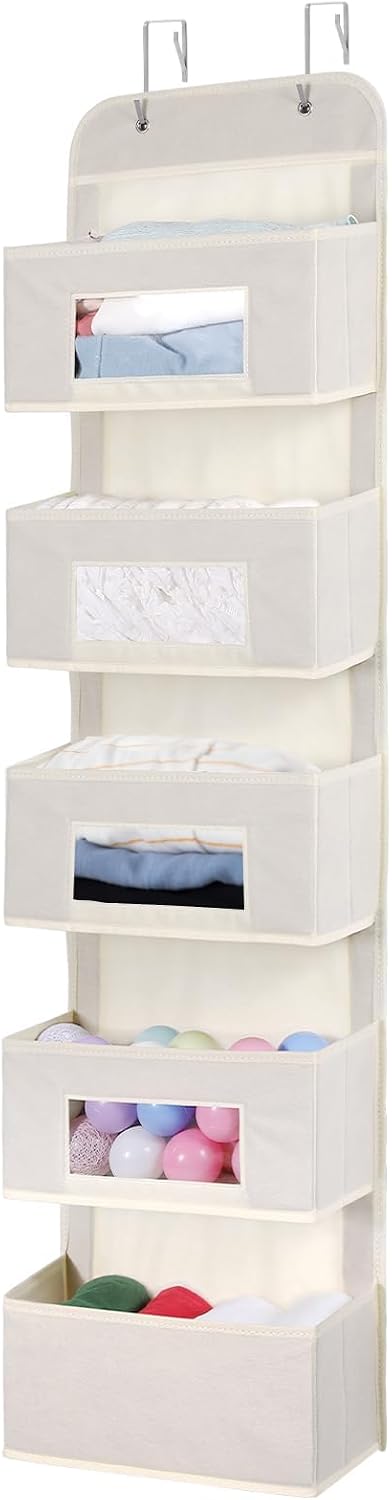 MAX Houser 4-Shelf Over The Door Hanging Organizer with 2 Metal Hooks, Gray | 4 Pocket Swing-proof Behind Door Organizers with Clear Windows for Bathroom Closet, Dorm