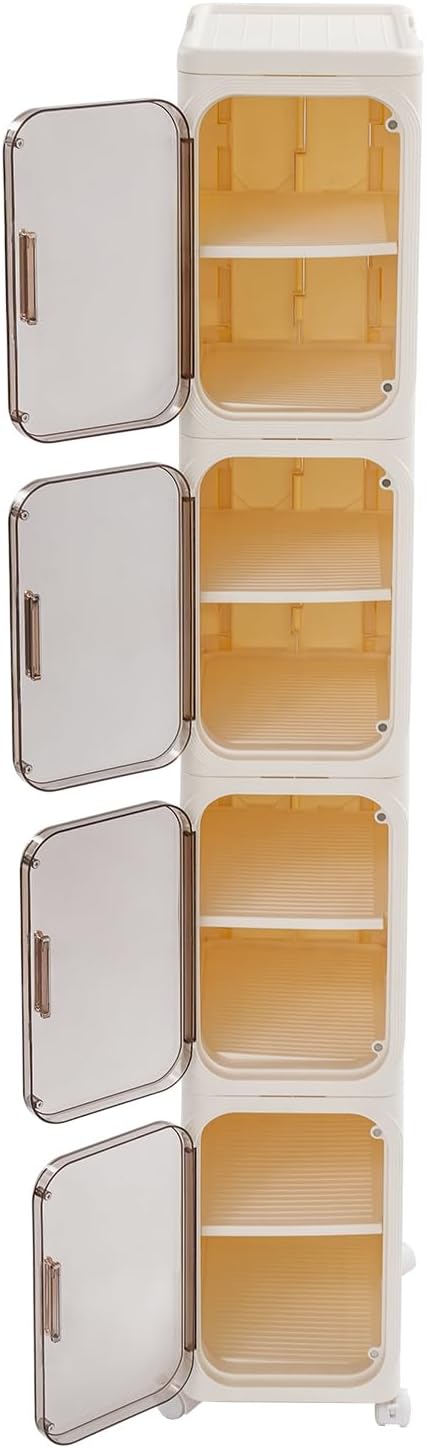4-Tier Stackable Narrow Storage Cabinet with Wheels and Doors,Slim Plastic Rolling Cart with Adjustable Shelves,Foldable Floor Cabinets for Small Space, Bathroom,Kitchen,Beige
