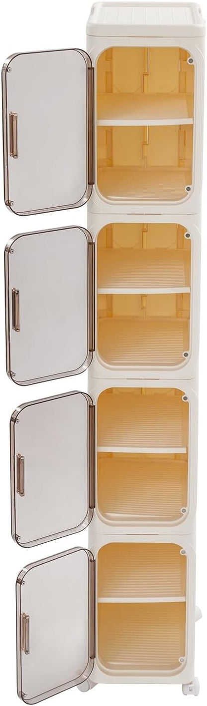 4-Tier Stackable Narrow Storage Cabinet with Wheels and Doors,Slim Plastic Rolling Cart with Adjustable Shelves,Foldable Floor Cabinets for Small Space, Bathroom,Kitchen,Beige