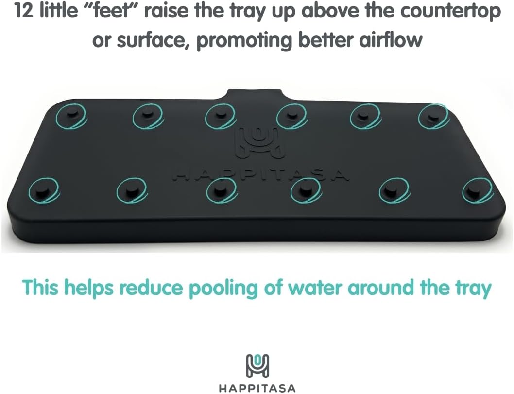 Silicone Soap Dish Tray and Sponge Holder with Drain Chute and Feet | 3-Way Sloped Design | Bathroom and Kitchen Sink Organizer Caddy (Black, 10"x4", 7.8 Ounces)