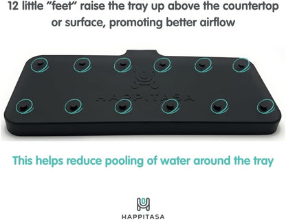 Silicone Soap Dish Tray and Sponge Holder with Drain Chute and Feet | 3-Way Sloped Design | Bathroom and Kitchen Sink Organizer Caddy (Black, 10"x4", 7.8 Ounces)