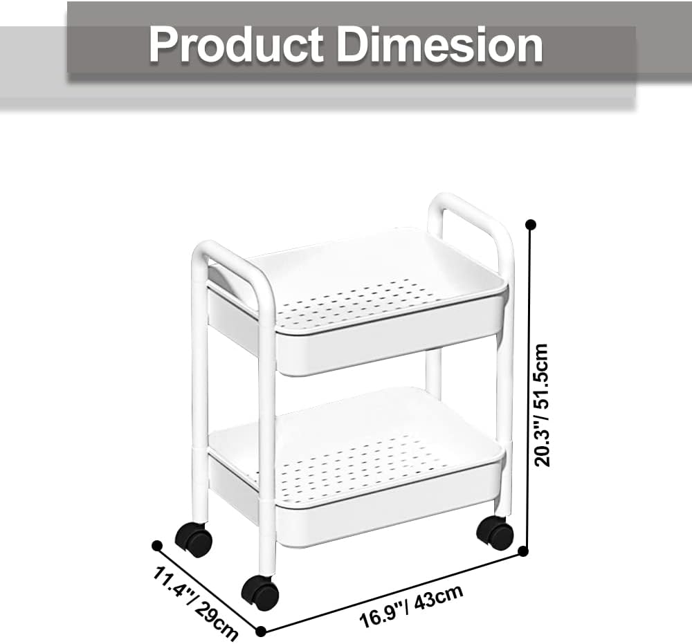 2-Tier Utility Rolling Cart Storage Sofa Side Table with Wheels, Mobile Trolley Organizer with for Office Home Kitchen Organization, Cream White