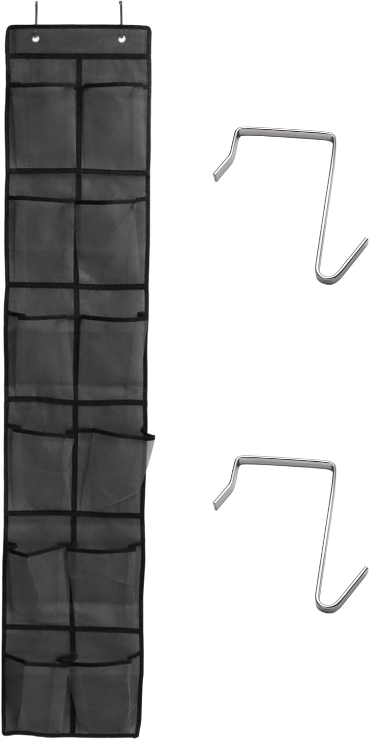 Over the Door Shoe Organizer, 12 Mesh Pockets Hanging Shoe Organizer with 4 Metal Hooks (Black)