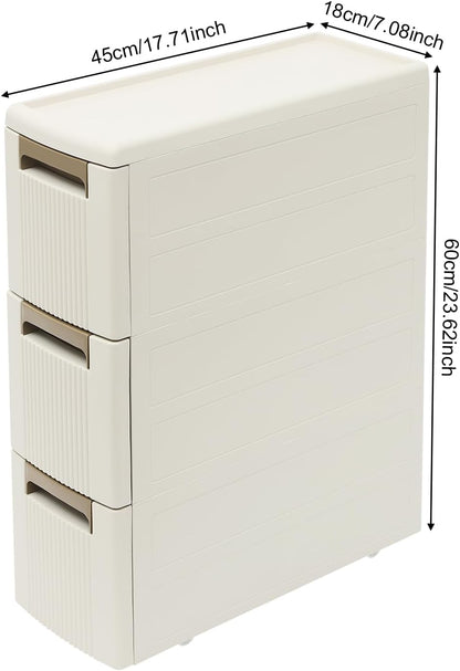 3 Tier Narrow Storage Cabinet with Wheels,Slim Rolling Cart with 3 Drawers,Bathroom Mobile Plastic Cabinets for Small Spaces