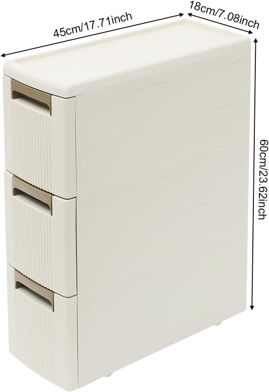 3 Tier Narrow Storage Cabinet with Wheels,Slim Rolling Cart with 3 Drawers,Bathroom Mobile Plastic Cabinets for Small Spaces