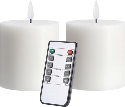 volnyus Flameless Candles Set of 3 (3x3 inch) Flickering LED Real Wax Candles Battery Operated with Remote Control Timers for Fireplace Bedroom Livingroom Party Dimmable Ivory Pillars Flat top