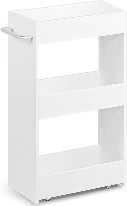 MARTY Wood Rolling Storage Cart 7.9" W, 3 Tier White Slim Utility Kitchen Cart on Wheels Laundry Room Bathroom Organizers Narrow Shelves with Handle Mobile Shelving Unit for Small Places