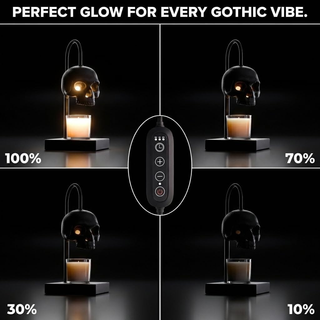 Skull Candle Warmer Lamp with Timer and Dimmer *Candles NOT Included – Black Gothic Candle Lamp Warmer w/Adjustable Height, 2 Light Bulbs – Skull Decor, Goth Gothic Decor Spooky Home & Witchy Gifts