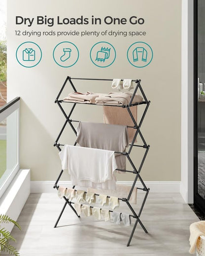 SONGMICS Foldable Clothes Drying Rack, Laundry Drying Rack, Clothes Airer, Steel Frame, 14.6 x 29.5 x 53.2 Inches, Easy Assembly, Indoor Outdoor Use, White ULLR770W01