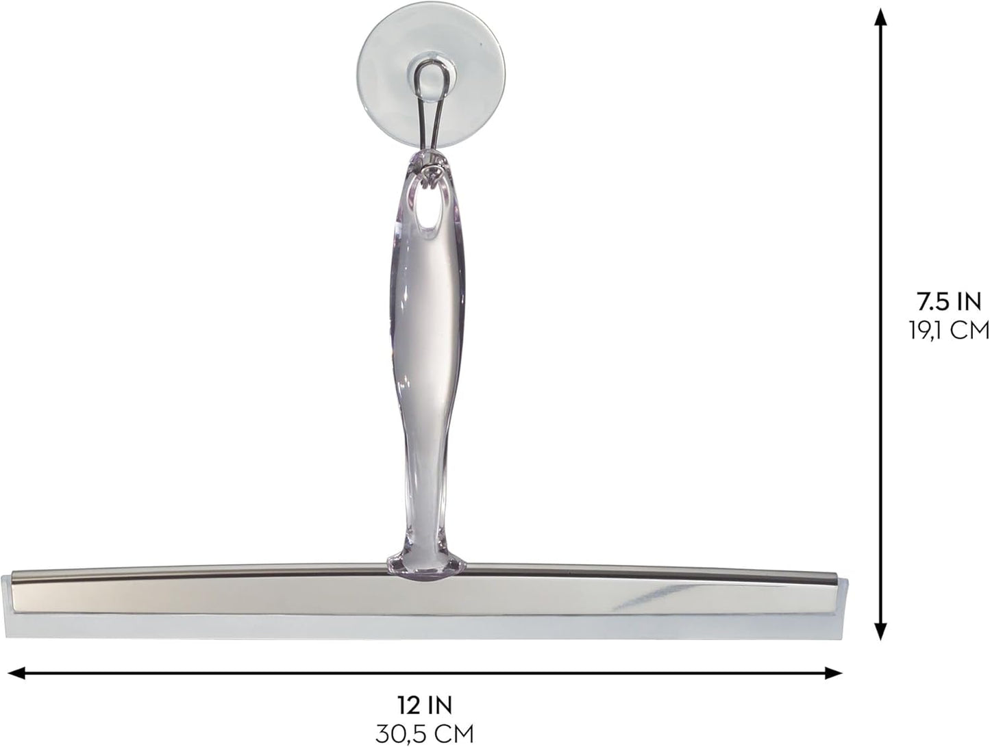 iDesign Zia Metal and Plastic Bathroom Squeegee for Shower, Glass Doors, Floors, Mirrors, with Suction Hook Holder , 12 Inches, Clear and Stainless Steel