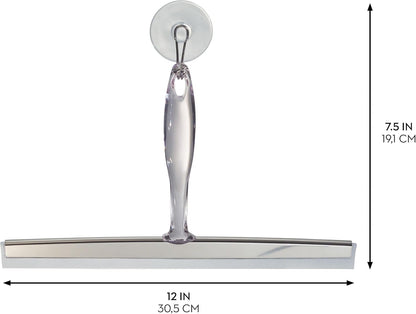 iDesign Zia Metal and Plastic Bathroom Squeegee for Shower, Glass Doors, Floors, Mirrors, with Suction Hook Holder , 12 Inches, Clear and Stainless Steel