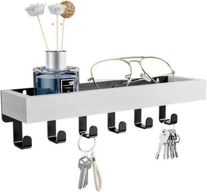 Wall Mount Key Holder with Shelf - Decorative Mail Organizer and Key Hooks for Entryway, Paulownia Wood with Mounting Hardware (9.64”W x 2.36”H x 2.75”L)