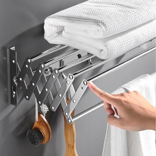 Stainless Steel Wall Mounted Towel Rack Clothes Airer Laundry Drying Rack Folding Adjustable Collapsible Space Saver Dryer Bath Towel Rail Bar with Hooks(Size:60cm)