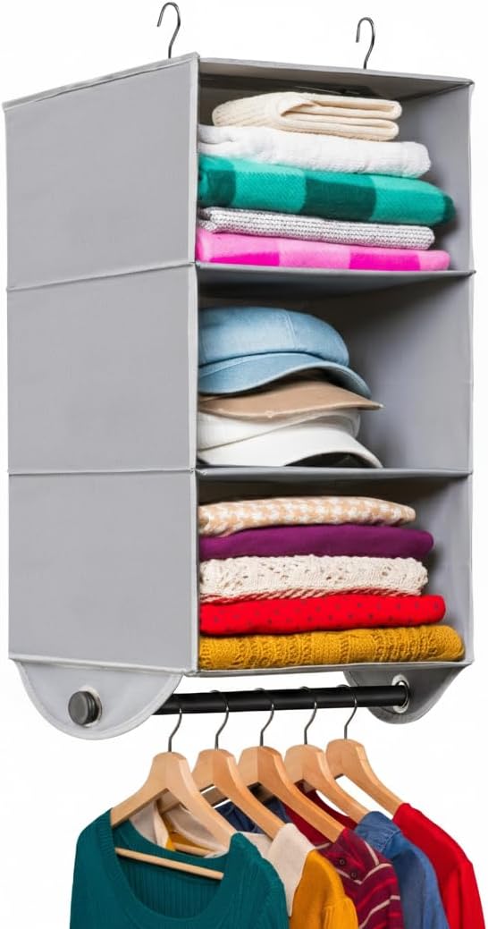 HOLDN’ STORAGE Hanging Closet Organizer with Garment Rod – Heavy Duty 4-Shelf Hanging Shelves for Clothes, Sweaters & Shoes, Reinforced 600D Fabric Storage Unit with Built-in Clothing Rod, Grey