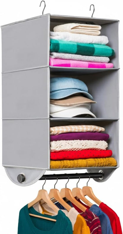 HOLDN’ STORAGE Hanging Closet Organizer with Garment Rod – Heavy Duty 4-Shelf Hanging Shelves for Clothes, Sweaters & Shoes, Reinforced 600D Fabric Storage Unit with Built-in Clothing Rod, Grey