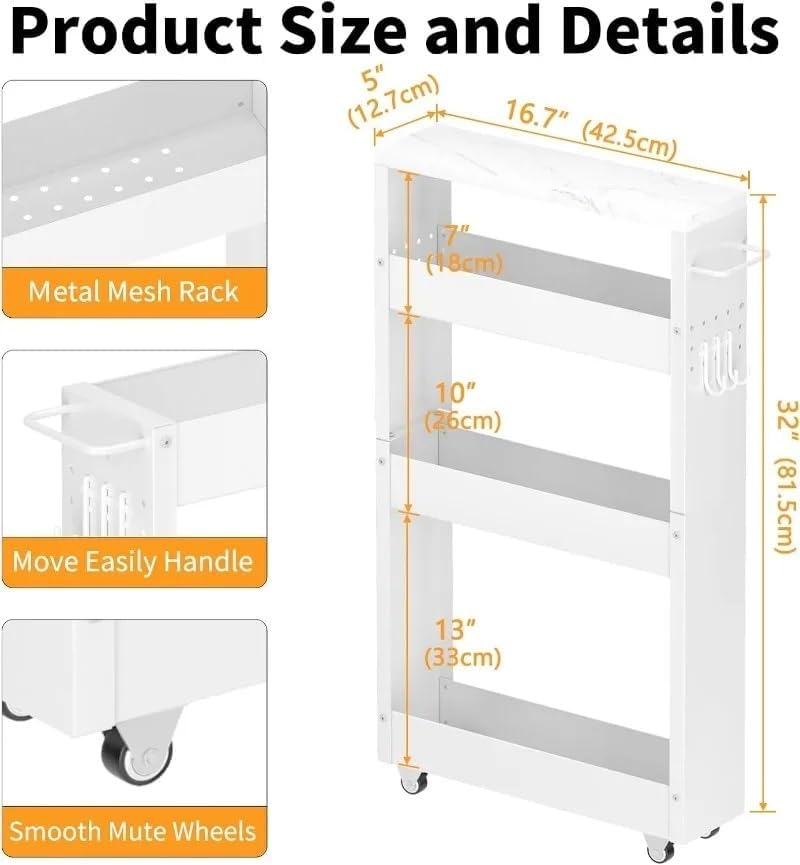 Slim Storage Cart, 5 in Width, 3-Tier White Rolling with Handle & Wooden Top