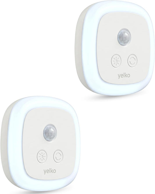YELKO Motion Sensor Night Light - Plug-in Cool White Light Anti-Glare LED Nightlight, 5 Levels Adjustable Brightness, Timer Function for Bathroom, Hallway, Kitchen, Stairs, Garage, Soft Glow, 2-Pack