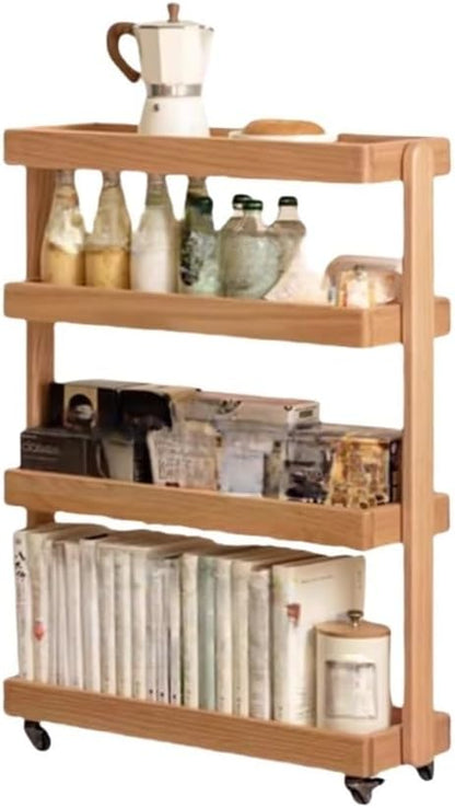 Tea Cart, Storage Rack, Rolling Cart with 4 Tiered Storage, Storage Cart with Universal Wheels and Heightened and Widened Columns, Utility Wood Cart for Bedrooms, Living Rooms(Beige,15.8x7.9x31.9in)