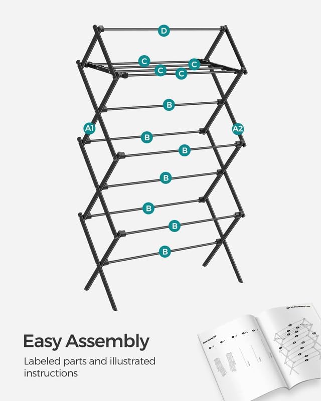 SONGMICS Foldable Clothes Drying Rack, Laundry Drying Rack, Clothes Airer, Steel Frame, 14.6 x 29.5 x 53.2 Inches, Easy Assembly, Indoor Outdoor Use, White ULLR770W01
