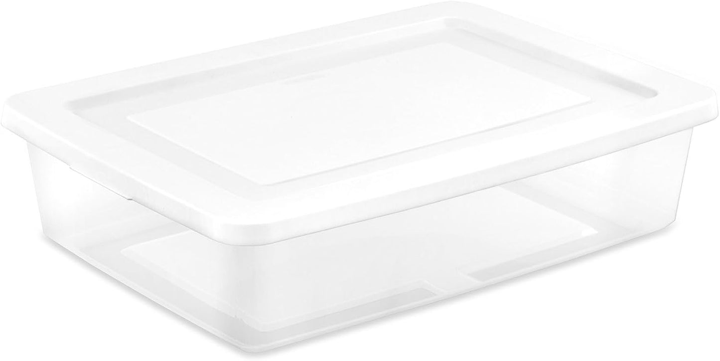 Sterilite 6 Pack Storage Box, 41 Quart Stackable Tote, Clear Plastic Container with Secure Snapping White Lids for Home and Office Organization