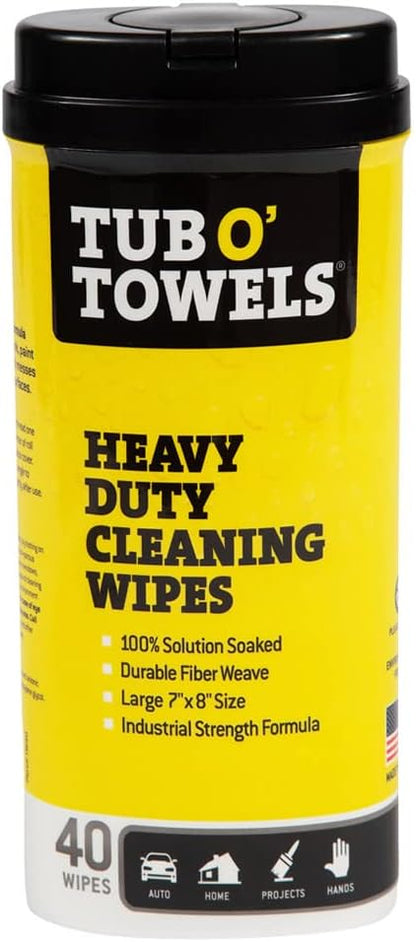 Tub O' Towels Heavy-Duty Multi-Surface Cleaning Wipes, 7" x 8", 40 Count Canister, Removes Grease, Grime, and Tough Stains, Durable Disposable White Wipes for Home, Garage, and Outdoor Cleaning Tasks | industrial-disposable-wipes