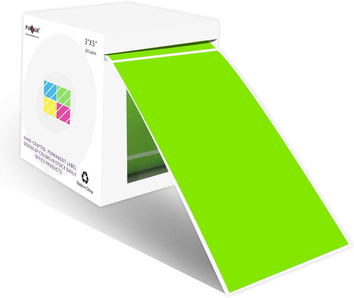 PARLAIM 3 X 5 Inch Rectangle Adhesive Color Coding Stickers,Square Inventory Stickers -250 Per Dispenser Box (Fluorescent Green)
