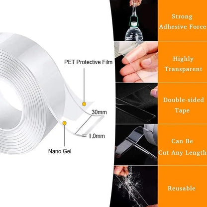 Double Sided Nano Tape, Clear Mounting, Stick Decor Picture, Washable Transparent Tape, Removable Wall Tape Sticky Poster Carpet (9.85 ft)